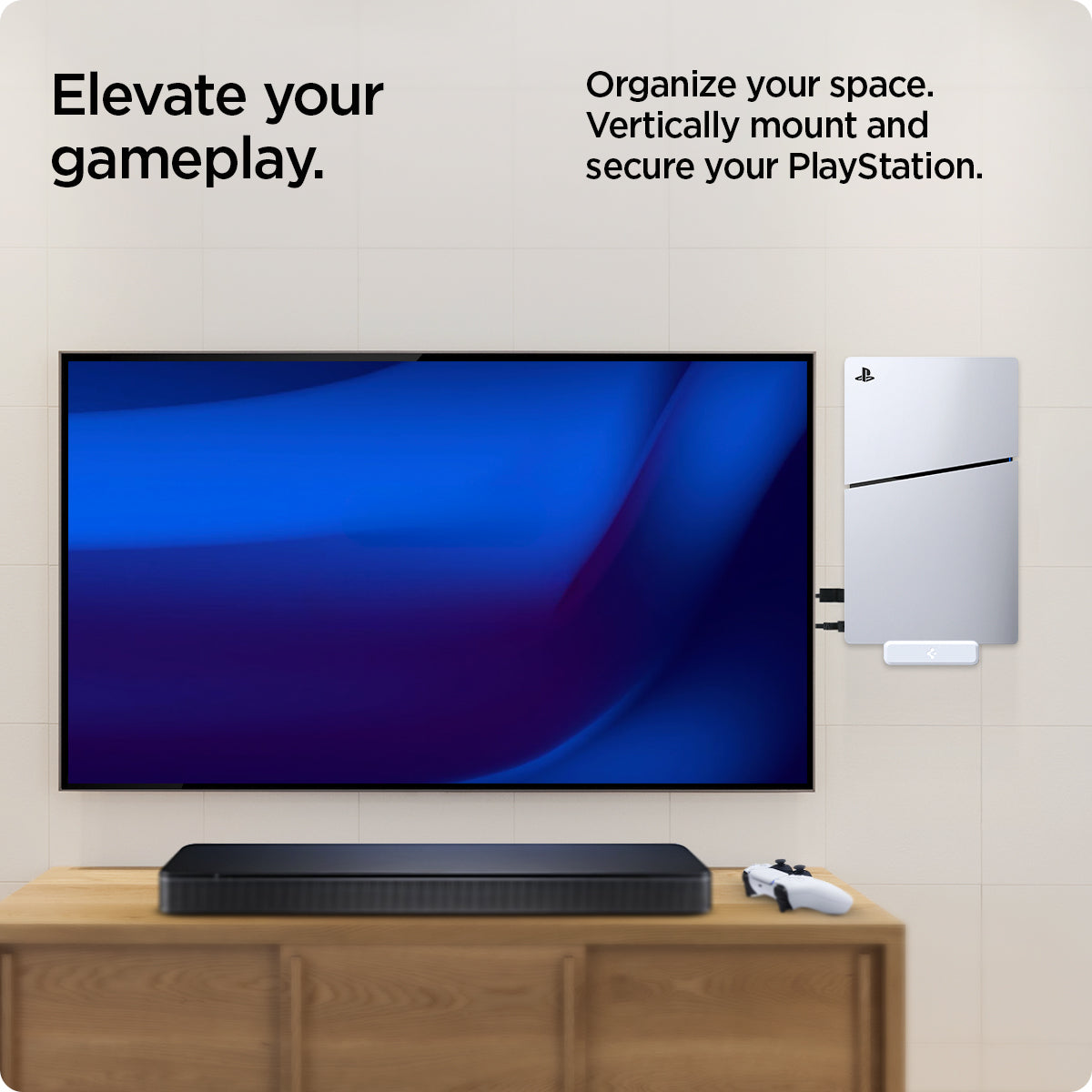 AGP08541 - PlayStation 5 Slim Console Mount VG210 in White showing how to elevate your game play, organize your space, vertically mount and secure your PlayStation