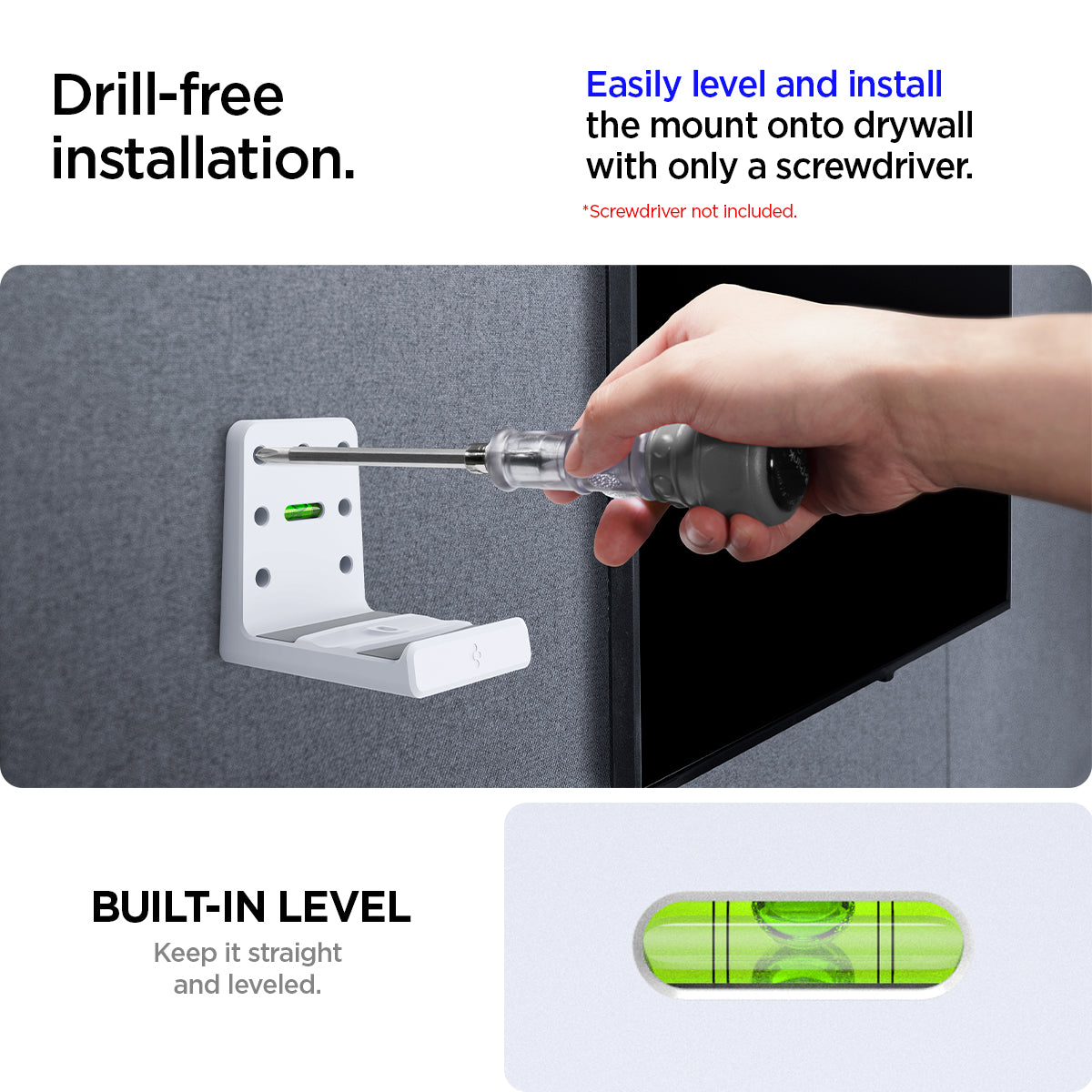 AGP08541 - PlayStation 5 Slim Console Mount VG210 in White showing the drill-free installation, easily level and install the mount onto drywall with only a screwdriver, built-in level, keep it straight and leveled
