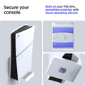 AGP08541 - PlayStation 5 Slim Console Mount VG210 in White showing how it can secure your console. Bolts on your PS5 Slim, preventing scratches with shock-absorbing silicone