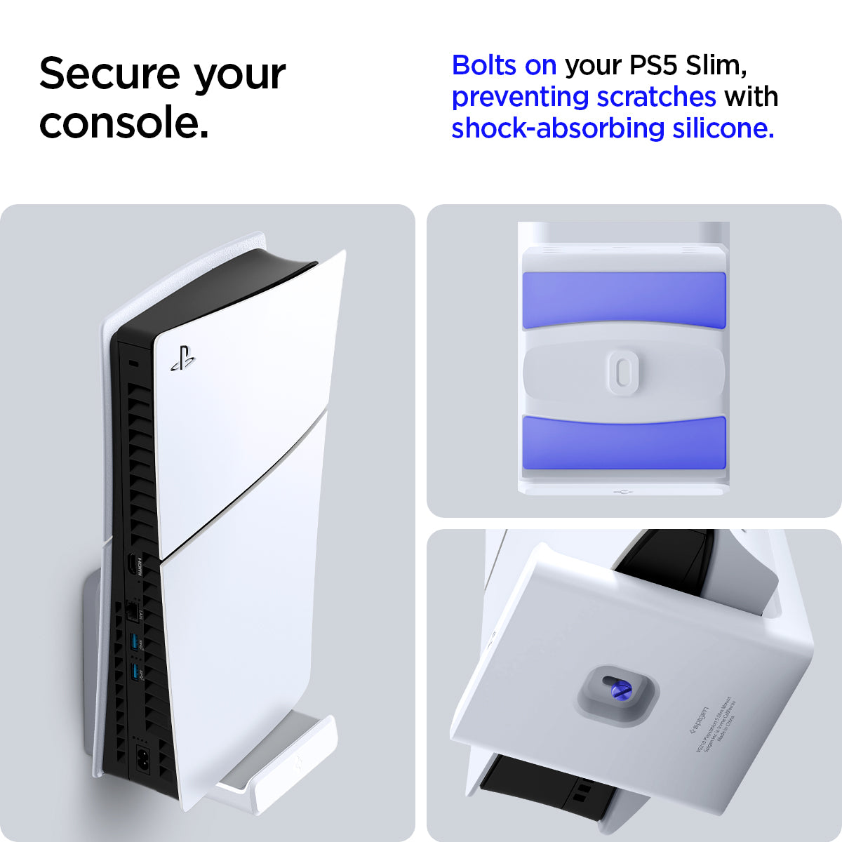 AGP08541 - PlayStation 5 Slim Console Mount VG210 in White showing how it can secure your console. Bolts on your PS5 Slim, preventing scratches with shock-absorbing silicone