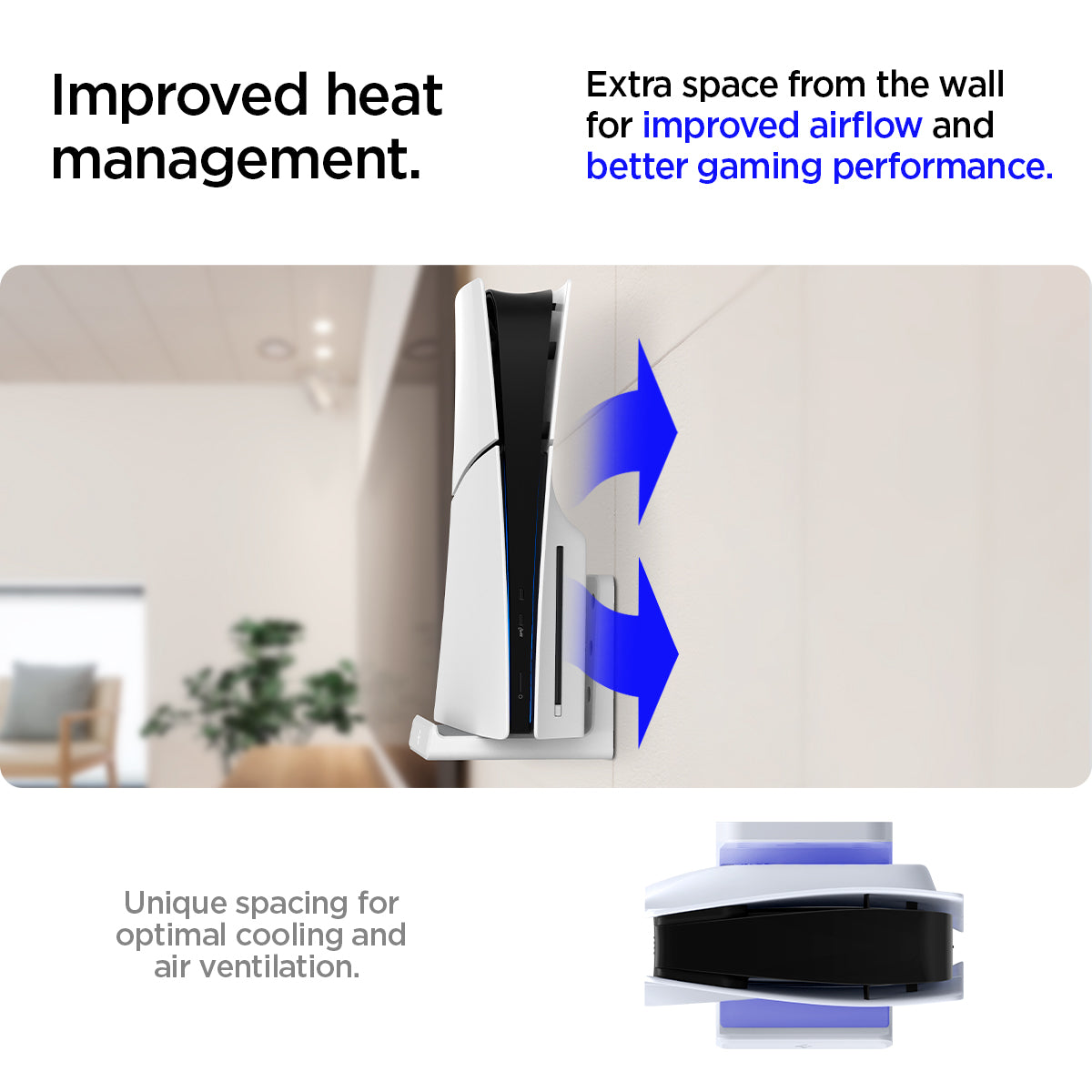 AGP08541 - PlayStation 5 Slim Console Mount VG210 in White showing the improved heat management. Extra space from the wall for improved airflow and better gaming performance, unique spacing for optimal cooling and air ventilation