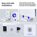 AGP08541 - PlayStation 5 Slim Console Mount VG210 in White showing easy and safe installation, first, level the mount. Next, screw on anchors and screws. Last, bolt on your PlayStation