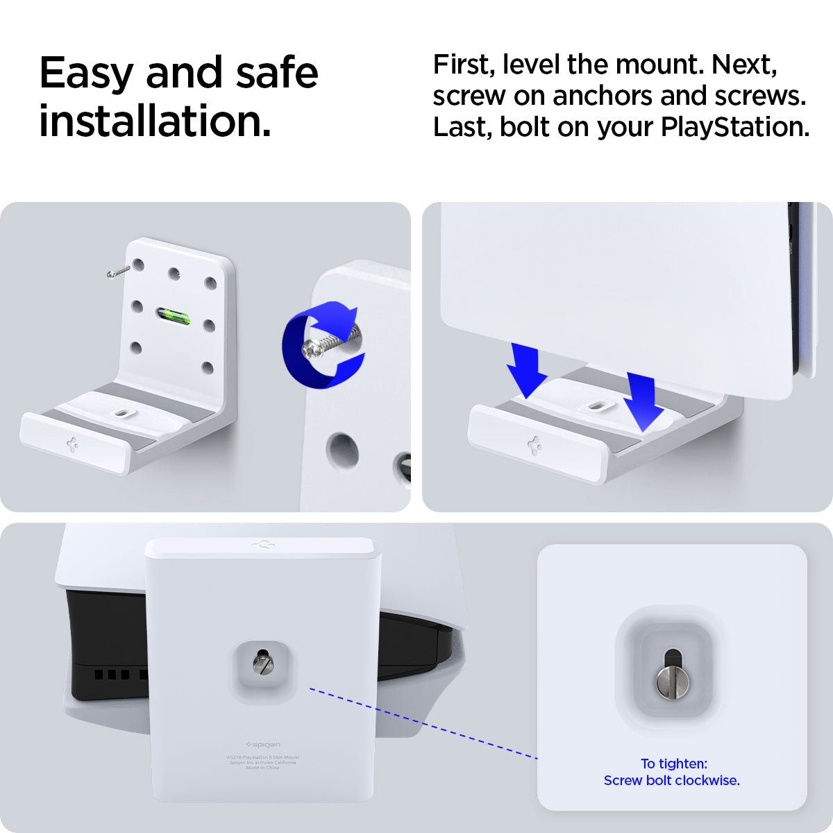 AGP08541 - PlayStation 5 Slim Console Mount VG210 in White showing easy and safe installation, first, level the mount. Next, screw on anchors and screws. Last, bolt on your PlayStation