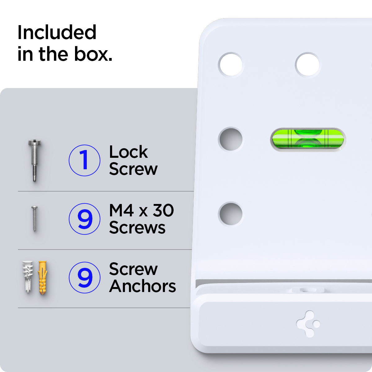 AGP08541 - PlayStation 5 Slim Console Mount VG210 in White showing what included in the box. 1 lock screw, 9 M4 x 30 screws, and 9 screw anchors