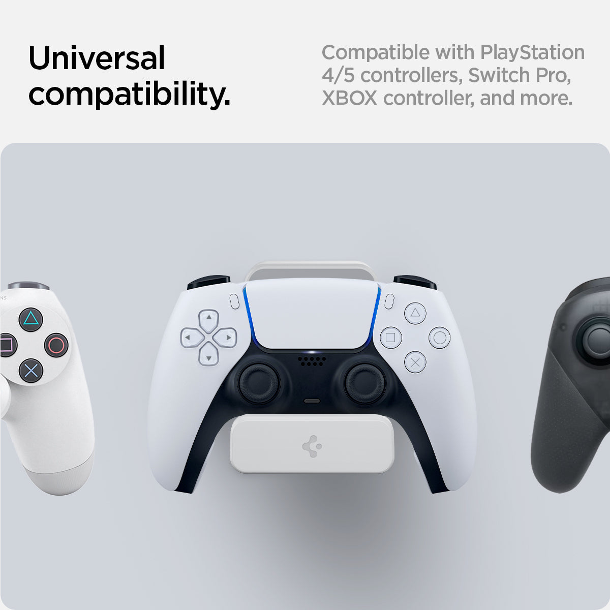AMP06397 - PlayStation 5 Controller Mount | VG300 in White showing the universal compatibility. Compatible with PlayStation 4/5 controllers, Switch Pro, XBOX controller, and more
