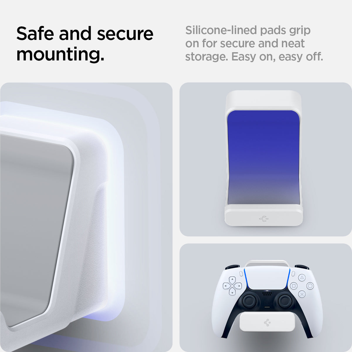AMP06397 - PlayStation 5 Controller Mount | VG300 in White showing the safe and secure mounting. Silicone-lined pads grip on for secure and neat storage. Easy on, easy off