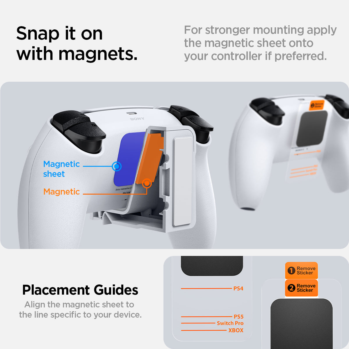 AMP06397 - PlayStation 5 Controller Mount | VG300 in White showing the placement guides. Align the magnetic sheet to the line specific to your device. Snap it on with magnets. For stronger mounting, apply the magnetic sheet onto your controller if preferred