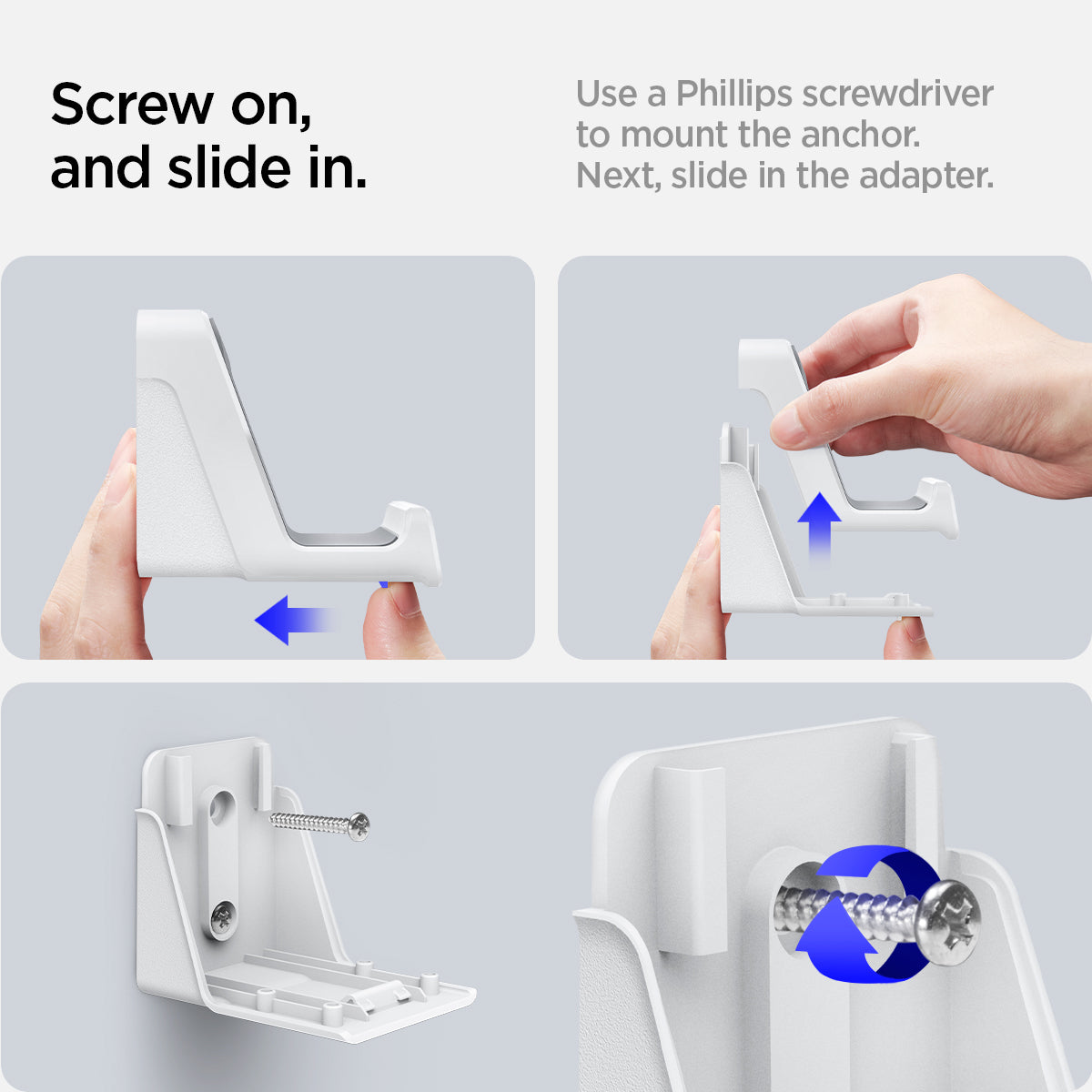 AMP06397 - PlayStation 5 Controller Mount | VG300 in White showing the screw on, and slide in. Use a Phillips screwdriver to mount the anchor. Next, slide in the adapter