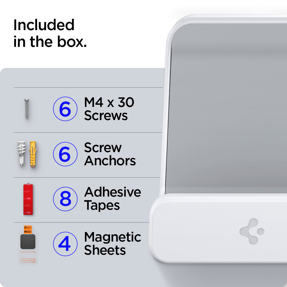 AMP06397 - PlayStation 5 Controller Mount | VG300 in White showing the what's included in the box. 6 M4 x 30 screws, 6 screw anchors, 8 adhesive tapes and 4 magnetic sheets