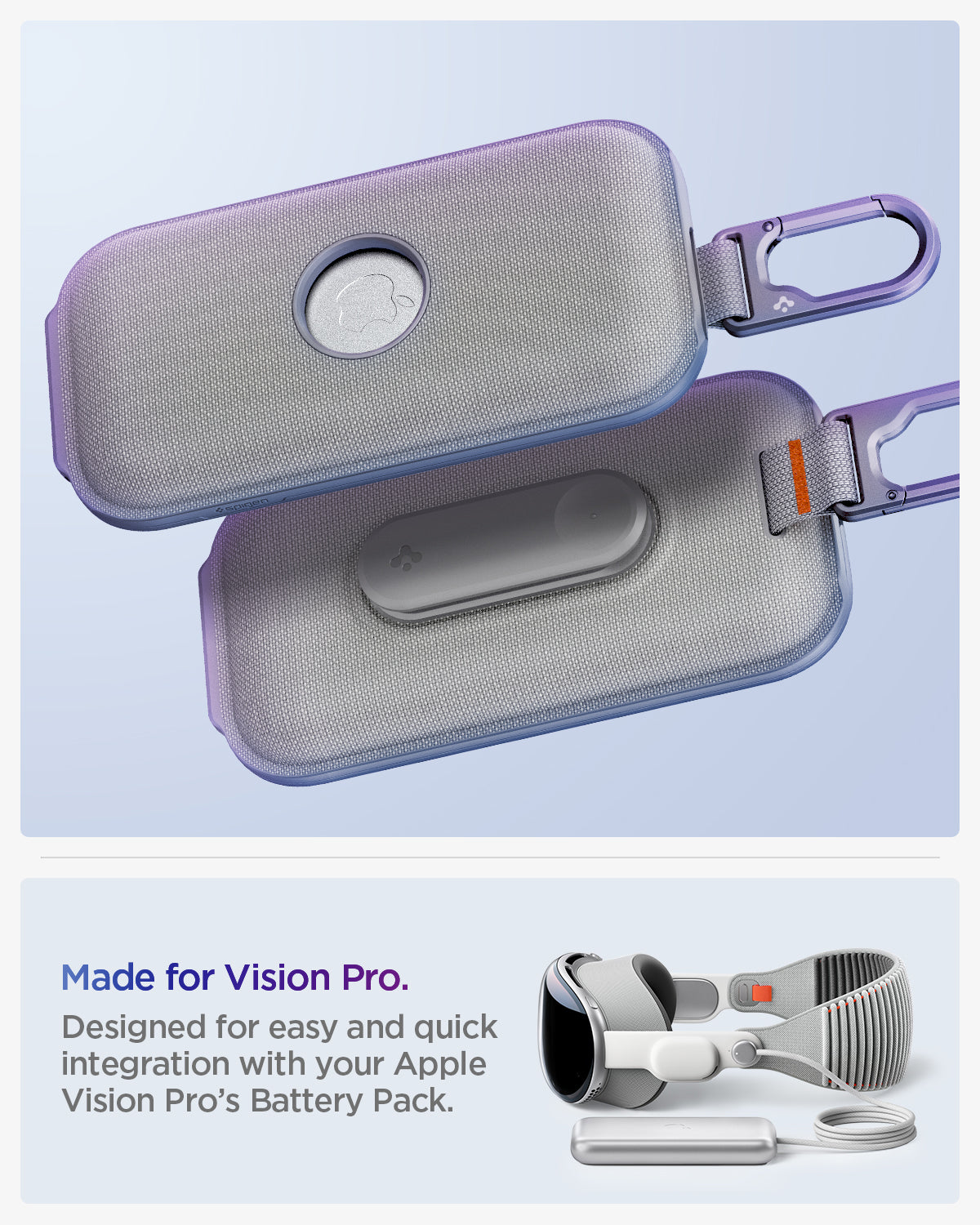AGP08663 - Apple Vision Pro Klasden Battery Pack Holder in Silver Gray showing the made for vision pro. Designed for easy and quick integration with your Apple Vision's Pro Battery Pack