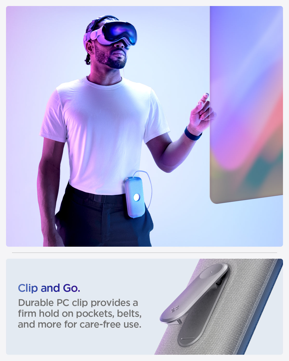 AGP08663 - Apple Vision Pro Klasden Battery Pack Holder in Silver Gray showing the durable PC clip provides a firm hold on pockets, belts, and more for care-free use
