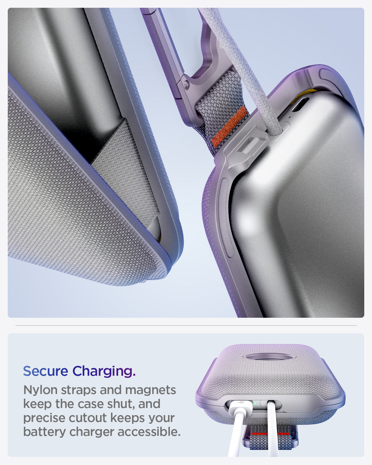 AGP08663 - Apple Vision Pro Klasden Battery Pack Holder in Silver Gray showing the secure closure. Nylon straps and embedded magnets keep the battery secure inside the case