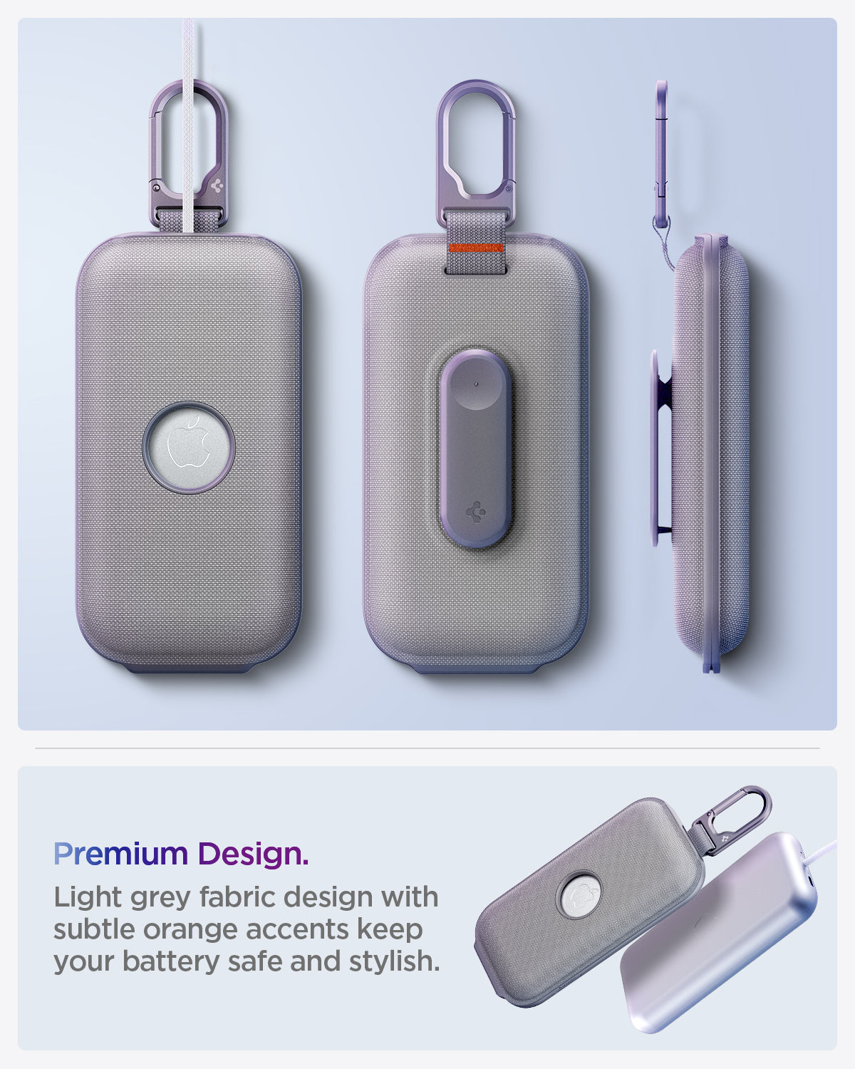 AGP08663 - Apple Vision Pro Klasden Battery Pack Holder in Silver Gray showing the premium design. Light grey fabric design with subtle orange accents keep your battery safe and stylish