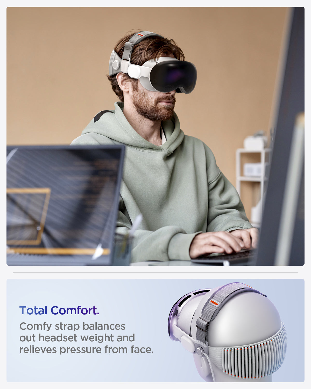 AFA07255 - Apple Vision Pro Head Strap in Charcoal Gray showing the Total Comfort. Comfy strap balances out headset weight and relieves pressure from face