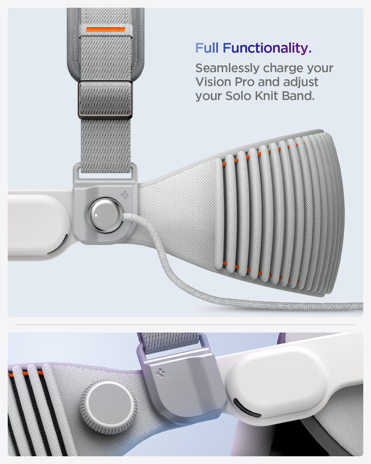 AFA07255 - Apple Vision Pro Head Strap in Charcoal Gray showing the full functionality. Seamlessly charge your Vision Pro and adjust your Solo Knit Band