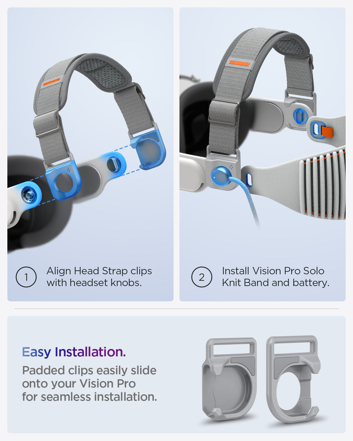 AFA07255 - Apple Vision Pro Head Strap in Charcoal Gray showing the Easy Installation. Padded clips easily side onto your Vision Pro for seamless installation. 1. Align Head Strap clips with headset knobs 2. Install Vision Pro Solo Knit Band and battery