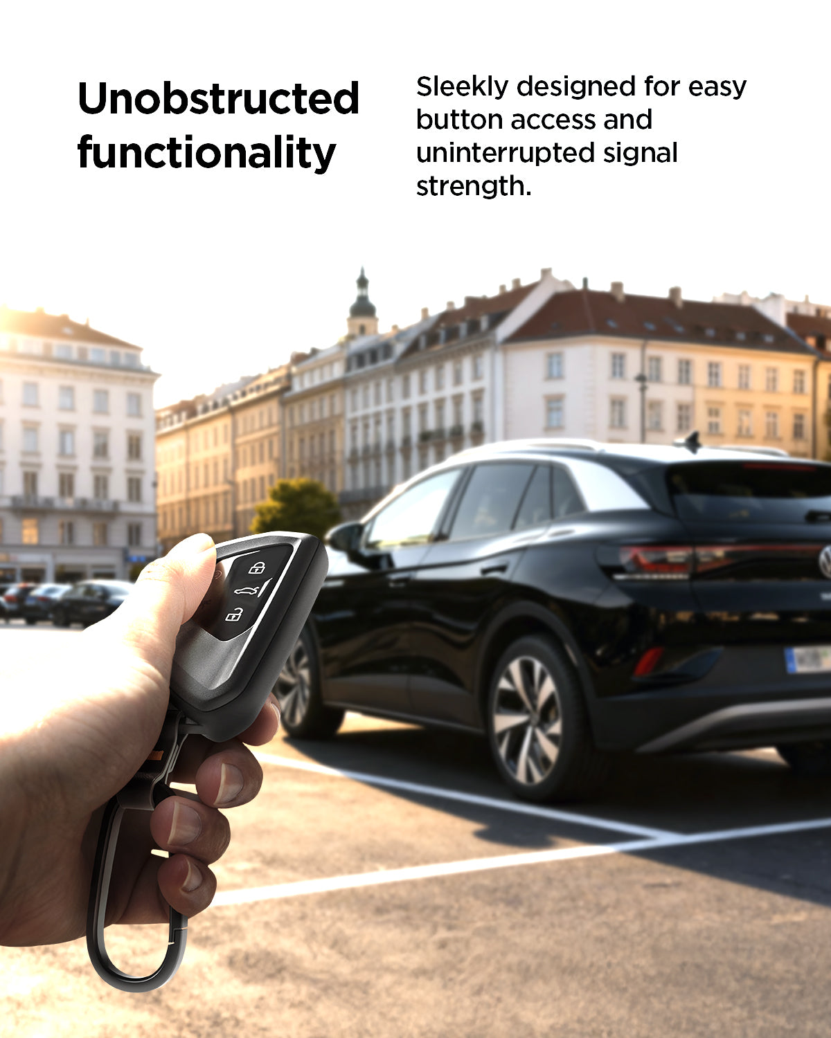 ACS10426 - Volkswagen Key Fob Cover | VK100 in Matte Black showing the unobstructed functionality. Sleekly designed for easy button access and uninterrupted signal strength. 