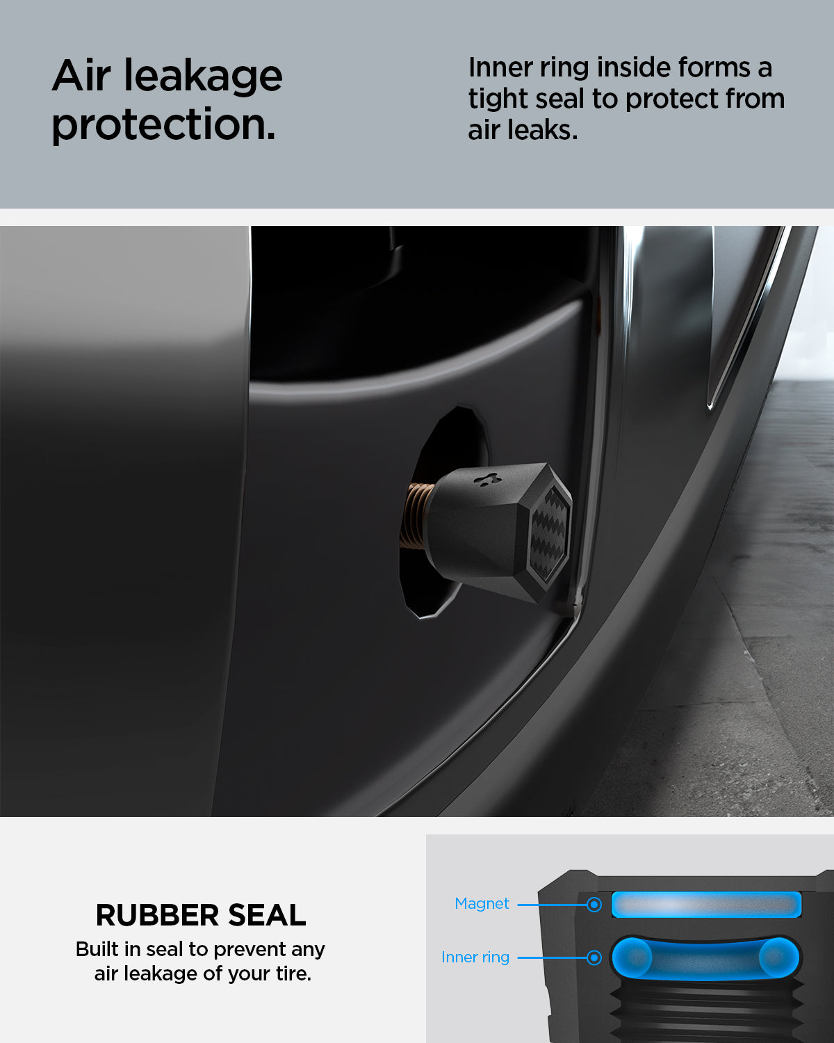 ACP09331 - Tesla Series Valve Stem Cover VS100 showing air leakage protection. Inner ring inside forms a tight seal to protect from air leaks.