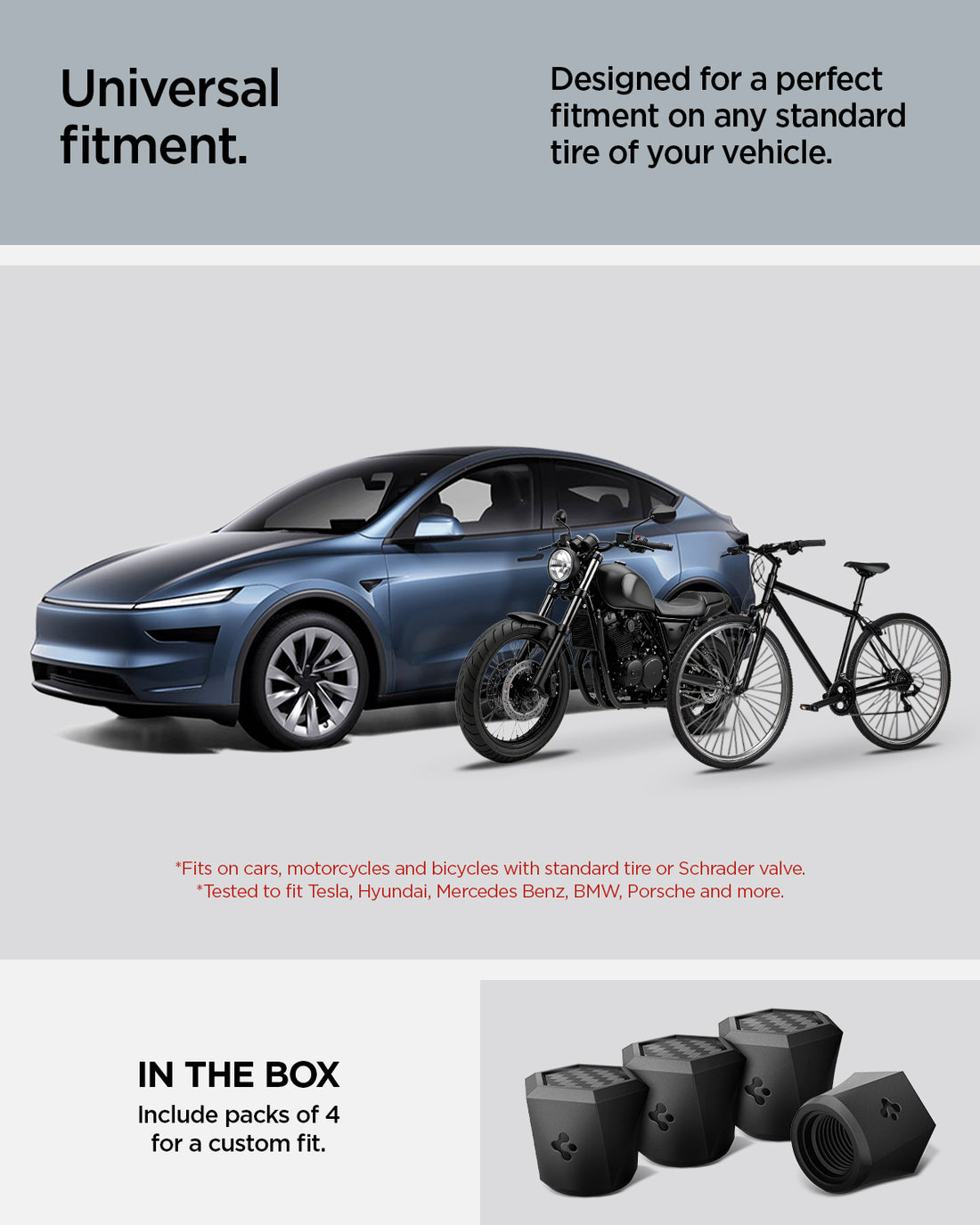 ACP09331 - Tesla Series Valve Stem Cover VS100 showing universal fitment. Designed for a perfect fitment on any standard tire of your vehicle. 