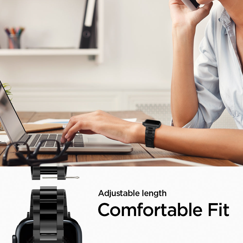 AMP04803 - Apple Watch Series 11/10 42mm, 9/8/7 41mm, SE3/SE2/SE/6/5/4 40mm, 3/2/1 38mm Modern Fit Black showing adjustable length. comfortable fit.