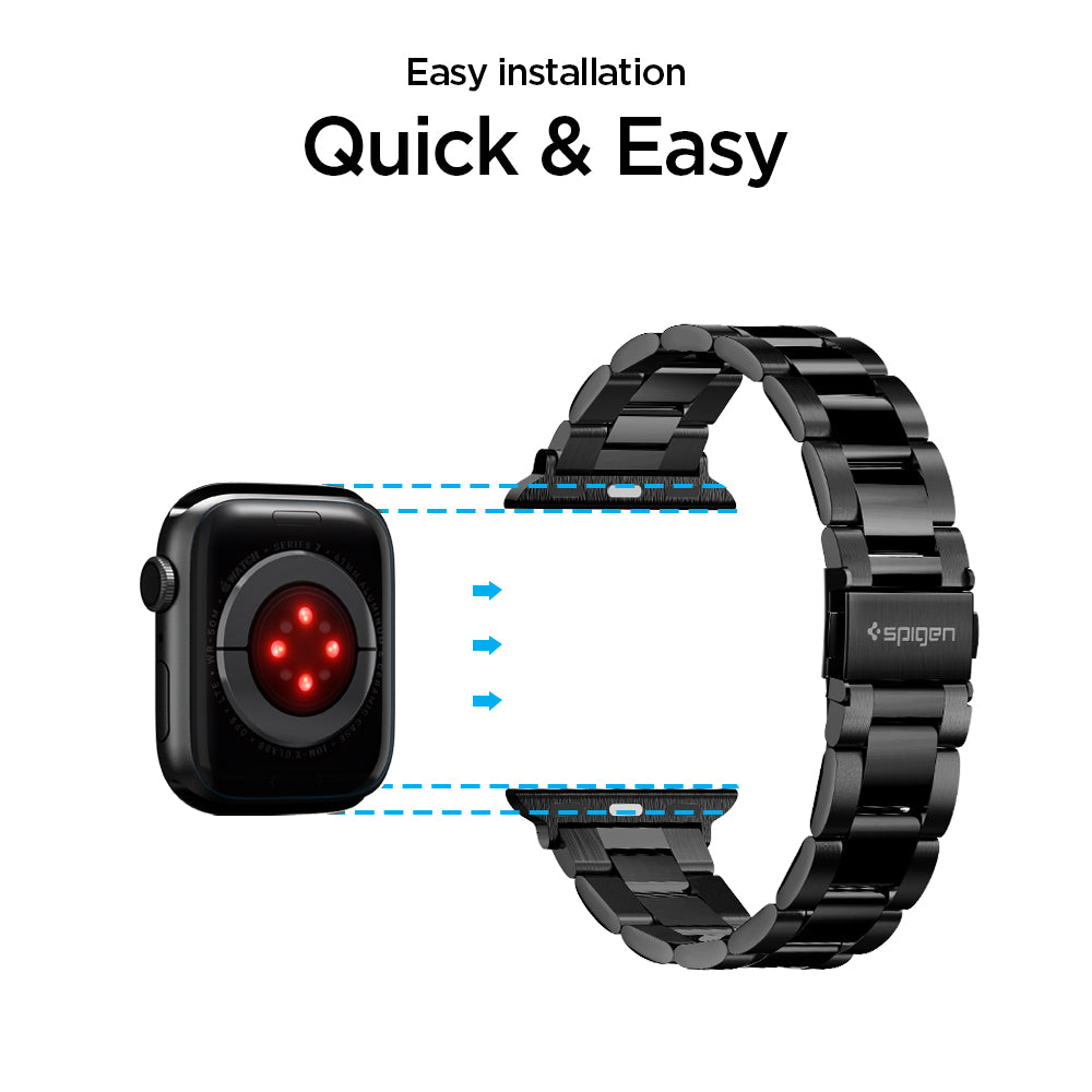 AMP04803 - Apple Watch Series 11/10 42mm, 9/8/7 41mm, SE3/SE2/SE/6/5/4 40mm, 3/2/1 38mm Modern Fit Black showing what's in the box. Removal tool. extra band, extra spring bar, extra pins, extra removal pin