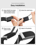 AMP10187 - WHOOP 5.0 woven band easy installation guide showing step by step process sliding tracker into connector attaching metal frame pressing clasps and adjusting for perfect fit