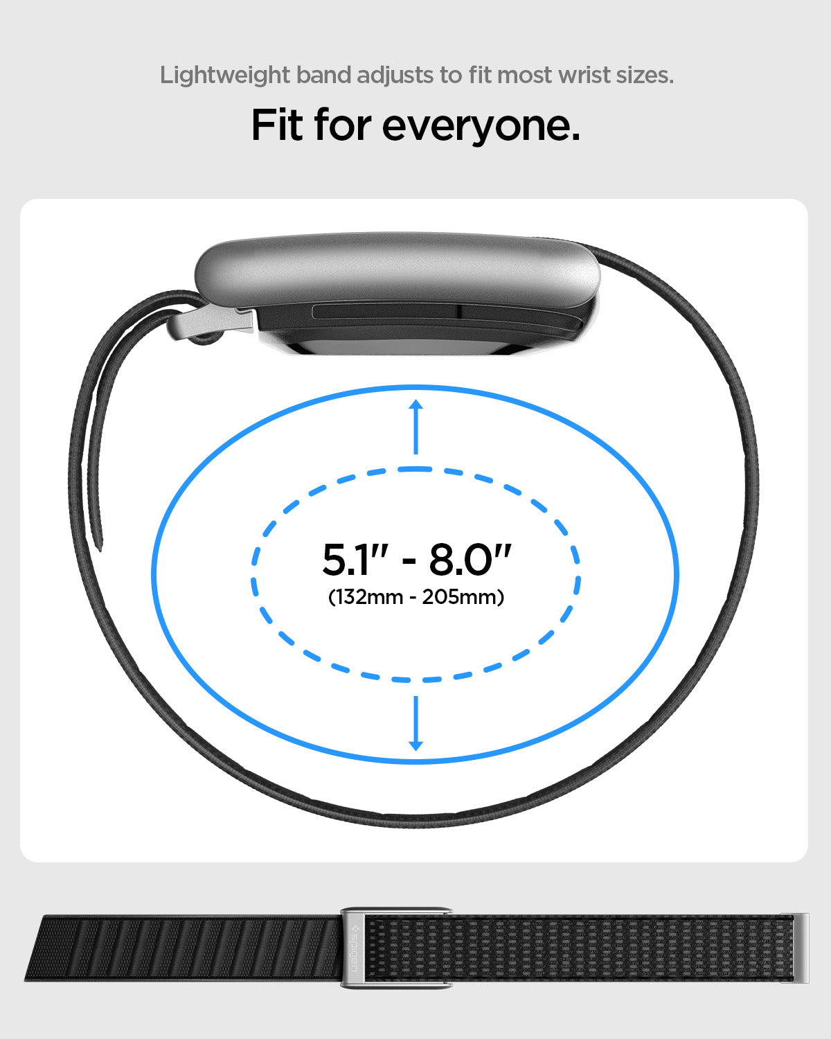 AMP10187 - WHOOP 5.0 woven band size guide showing adjustable fit range from 5.1 to 8.0 inches for lightweight comfortable wear
