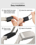 AMP10188 - WHOOP 5.0 woven band easy installation guide showing step by step process sliding tracker into connector attaching metal frame pressing clasps and adjusting for perfect fit