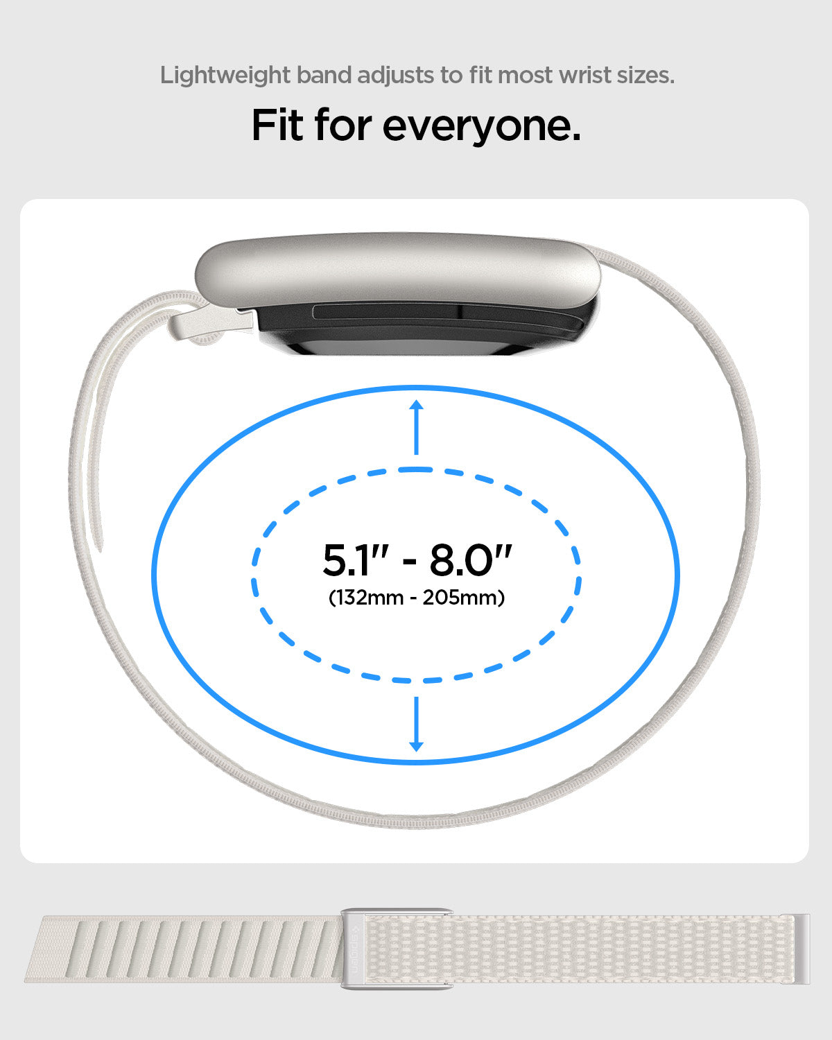 AMP10188 - WHOOP 5.0 woven band size guide showing adjustable fit range from 5.1 to 8.0 inches for lightweight comfortable wear