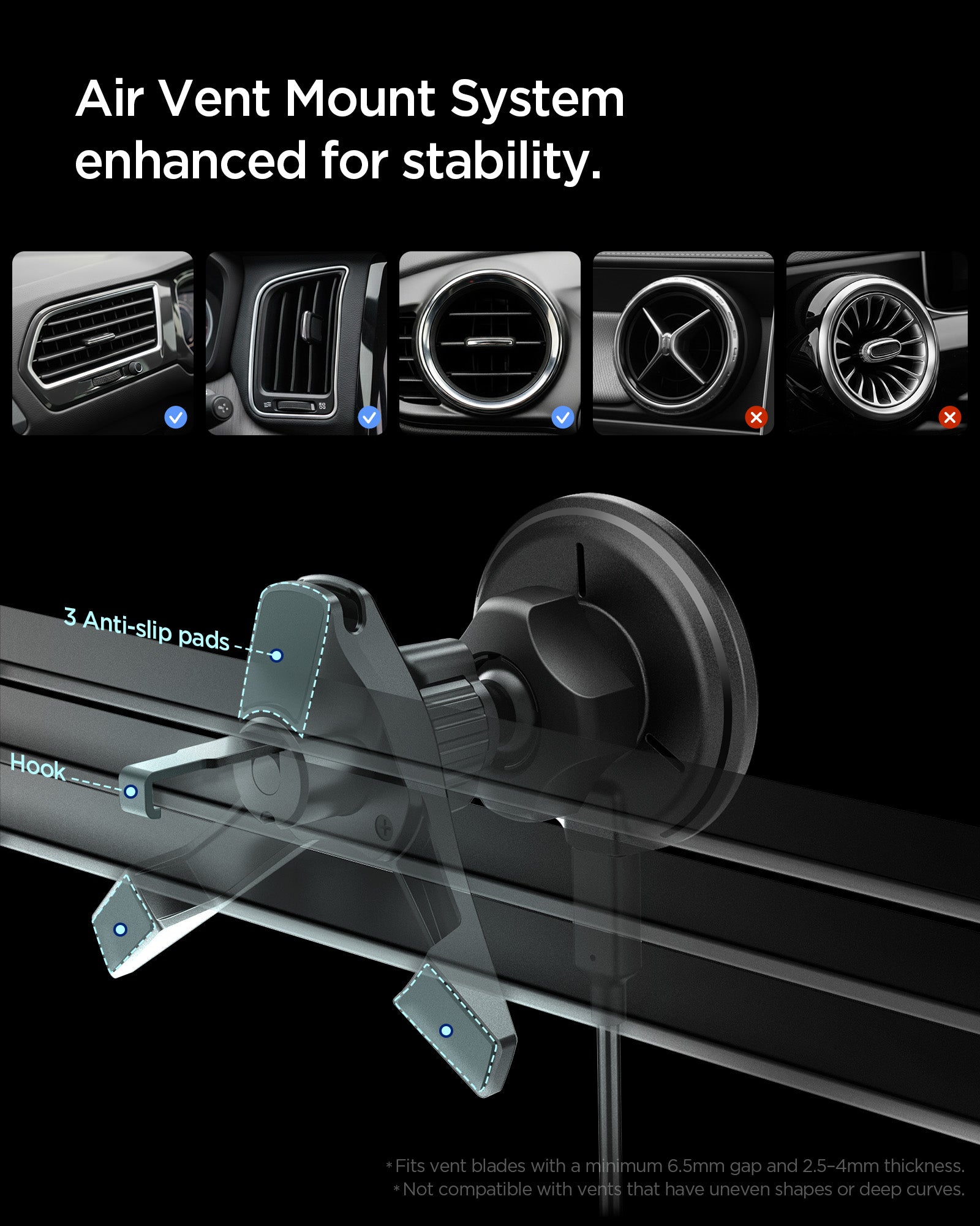 ACP10513 - Spigen Essential Qi2 Wireless Car Charger showing air vent mount system with hooks and anti slip pads for stability