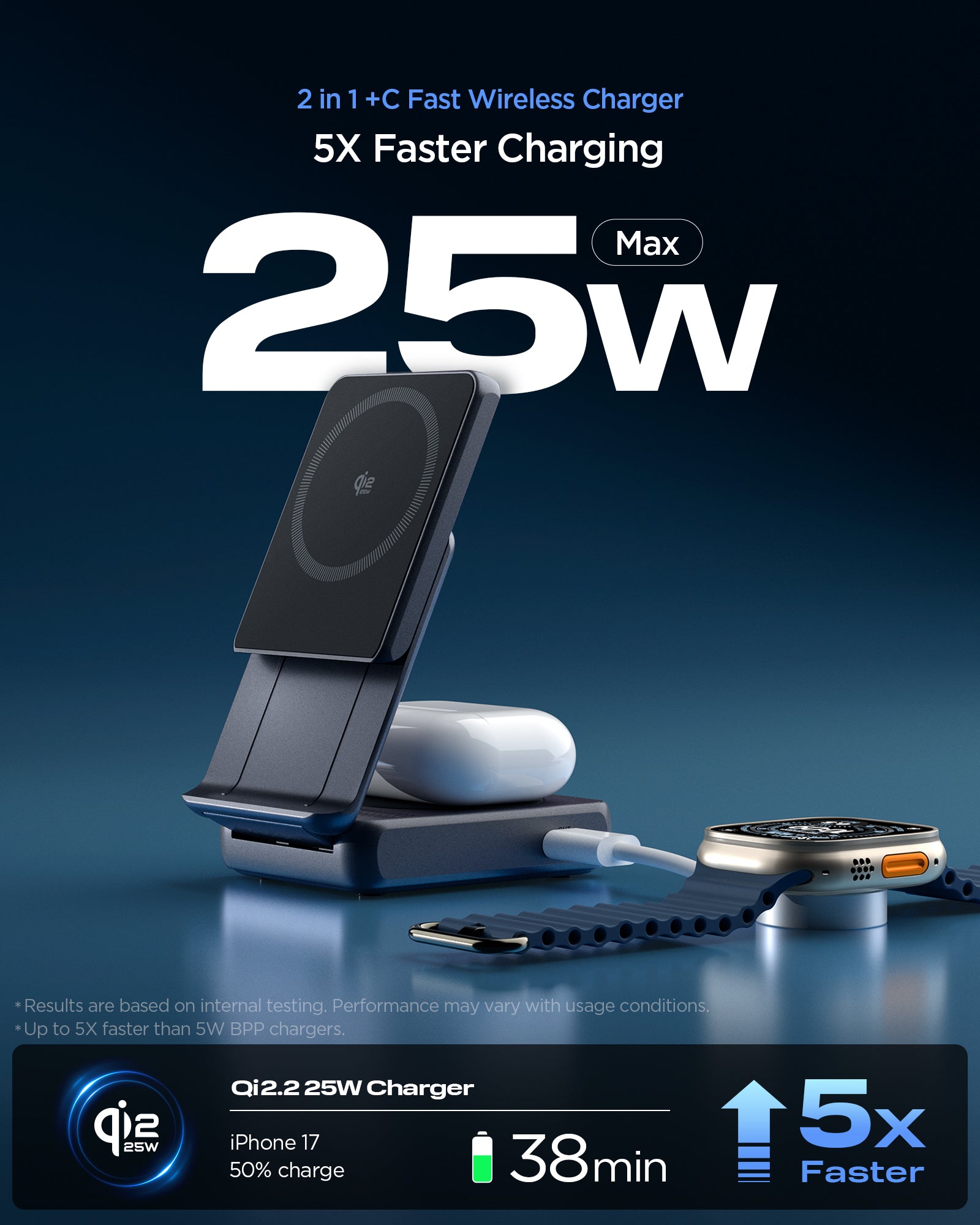 ACH10399 - 2-in-1 Magnetic Wireless Charger | EF302MOQ (Mag Fit) in Black showing 2 in 1 +C fast wireless charger