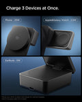 ACH10398 -  Spigen 3-in-1 Fast Wireless Charger showing dedicated charging areas for phone watch and earbuds