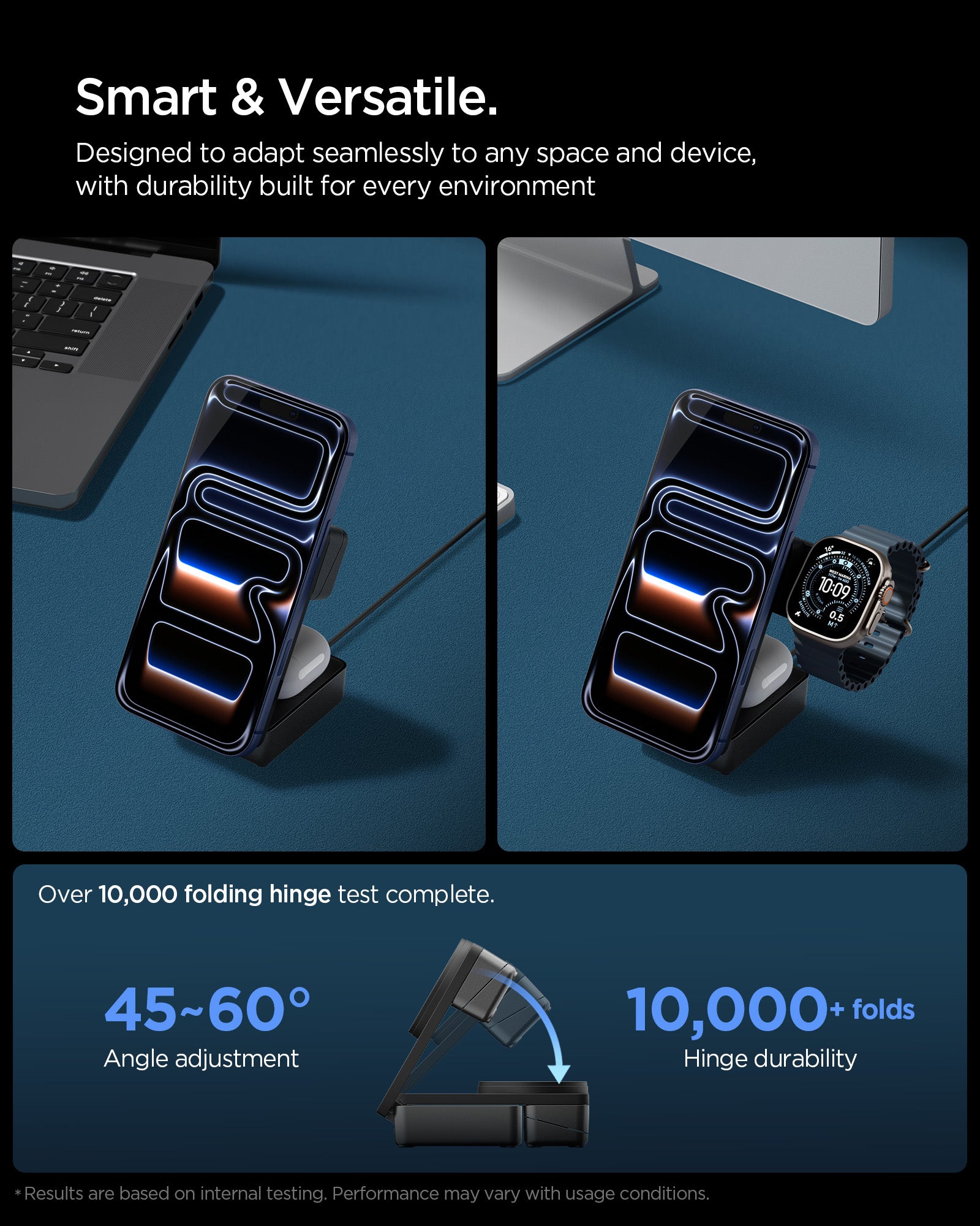 ACH10398 -  Spigen 3-in-1 Fast Wireless Charger showing adjustable stand charging phone on desk