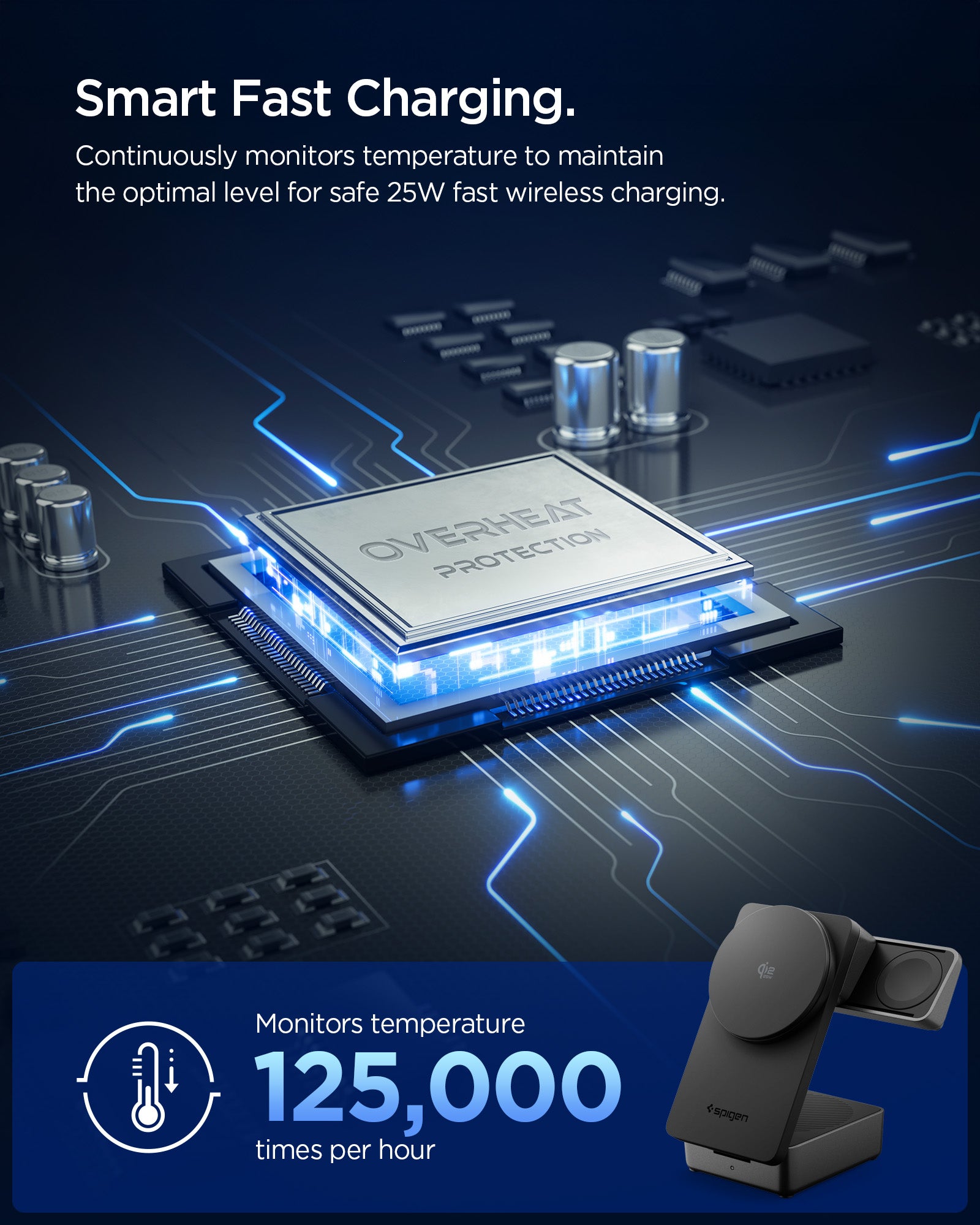 ACH10398 -  Spigen 3-in-1 Fast Wireless Charger showing smart fast charging with internal temperature monitoring