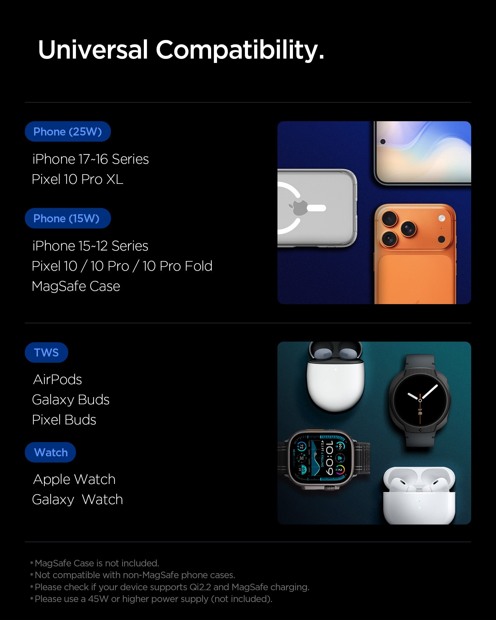 ACH10398 -  Spigen 3-in-1 Fast Wireless Charger showing universal compatibility with phones watches and earbuds
