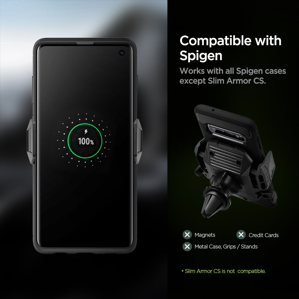 000CG22761 - SteadiBoost™ Air Vent Car Mount X35W in Black showing the Compatible with Spigen. Works with all Spigen cases except Slim Armor CS (Slim Armor CS is not compatible). A device showing a full 100% battery