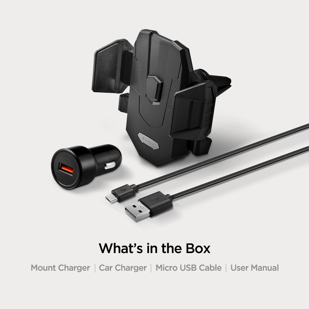 000CG22761 - SteadiBoost™ Air Vent Car Mount X35W in Black showing the What's in the Box, Mount Charger, Car Charger, Micro USB Cable and User Manual