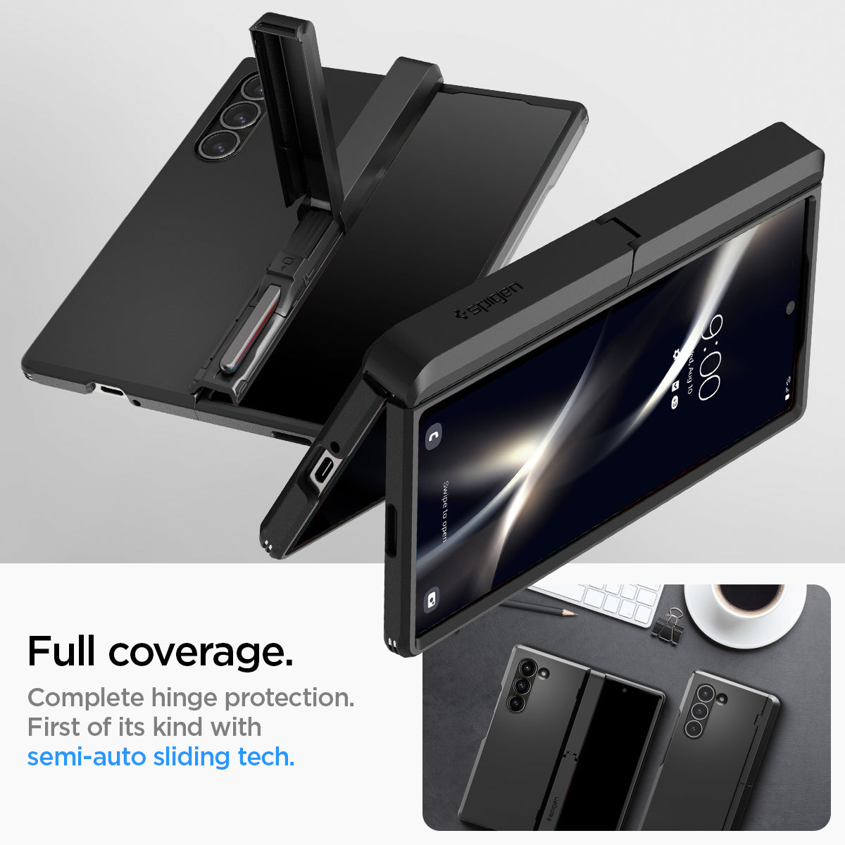 ACS07826 - Galaxy Z Fold 6 Case Tough Armor Pro P in Black showing the full coverage. Complete hinge protection. First of its kind with semi-auto sliding tech