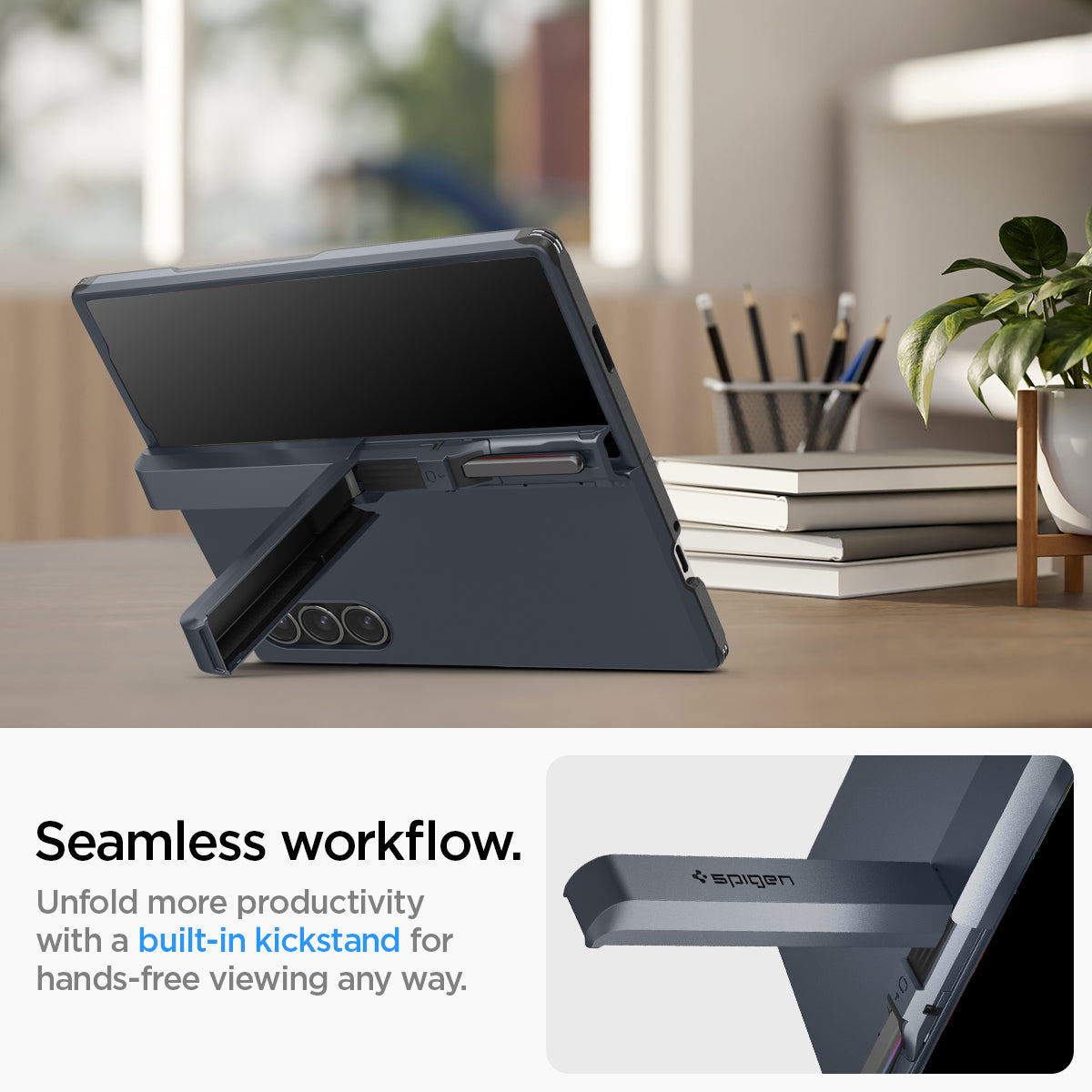 ACS08287 - Galaxy Z Fold 6 Case Tough Armor Pro P in Metal Slate showing the seamless workflow. Unfold more productivity with a built-in kickstand for hands-free viewing any way