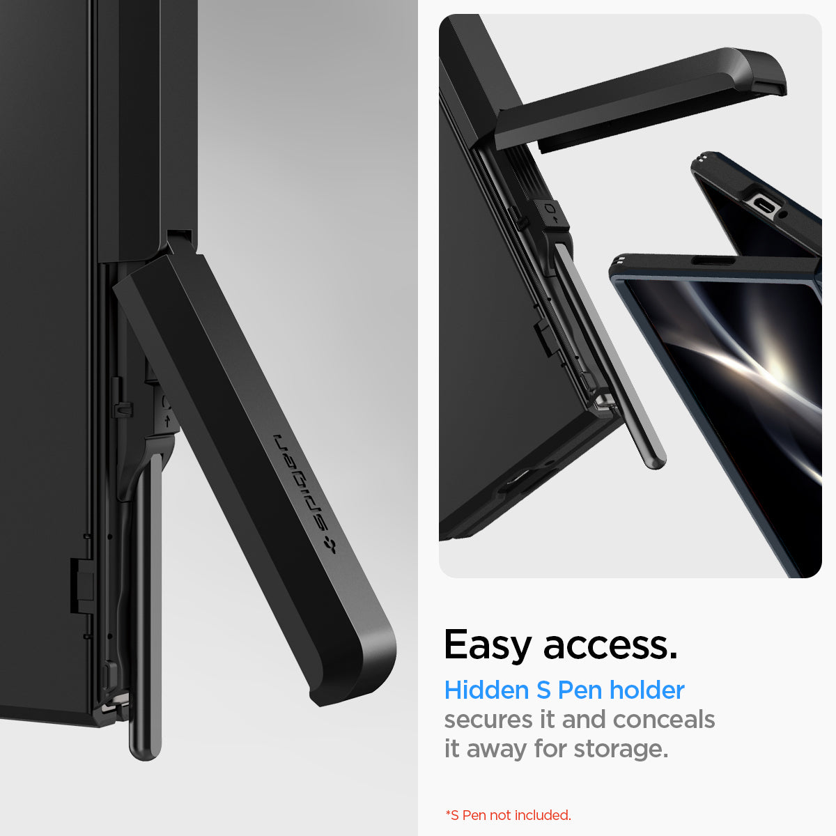 ACS07826 - Galaxy Z Fold 6 Case Tough Armor Pro P in Black showing the easy access. hidden S Pen holder secures it and conceals it away for storage