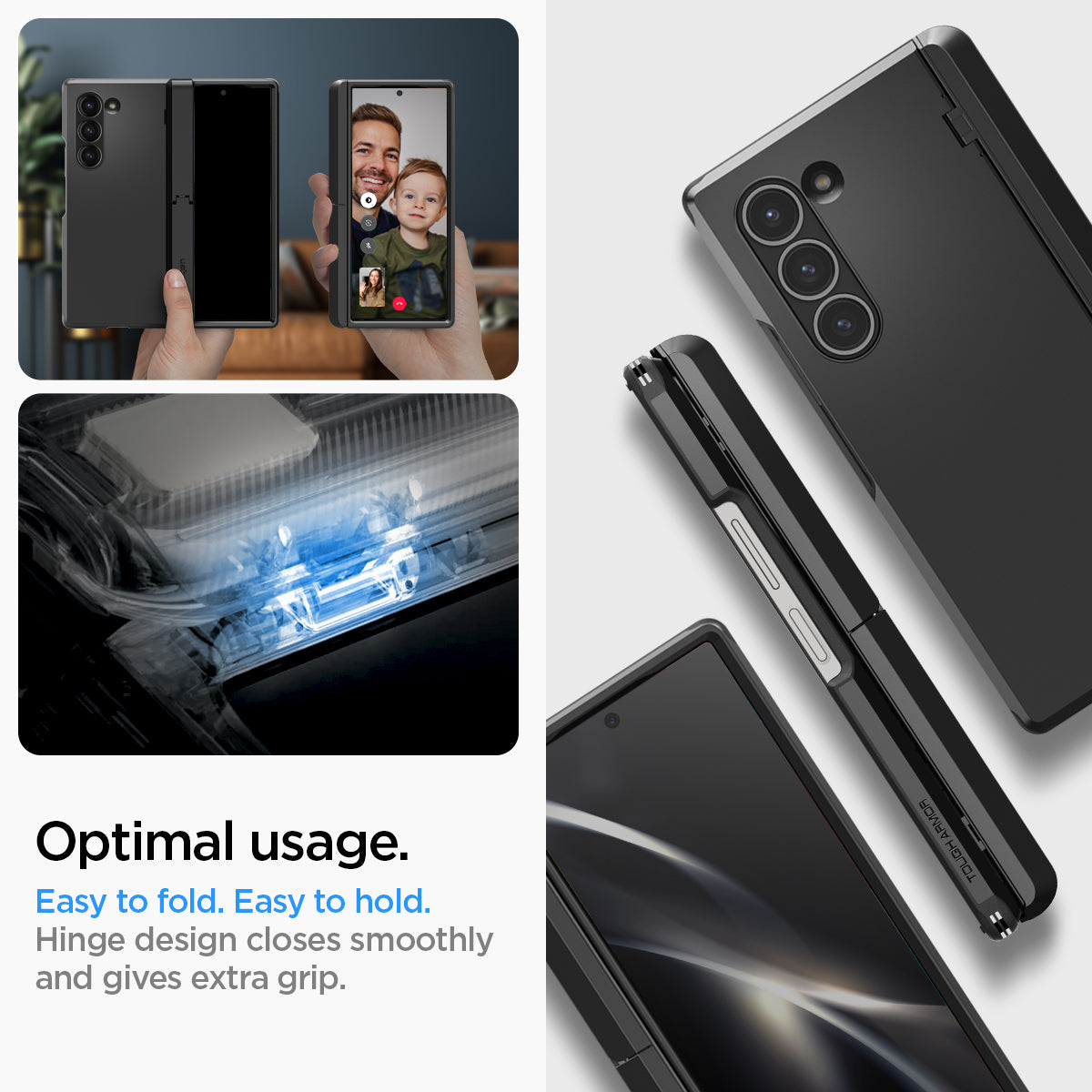 ACS07826 - Galaxy Z Fold 6 Case Tough Armor Pro P in Black showing the optimal usage. Easy to fold. Easy to hold. Hinge design closes smoothly and gives extra grip