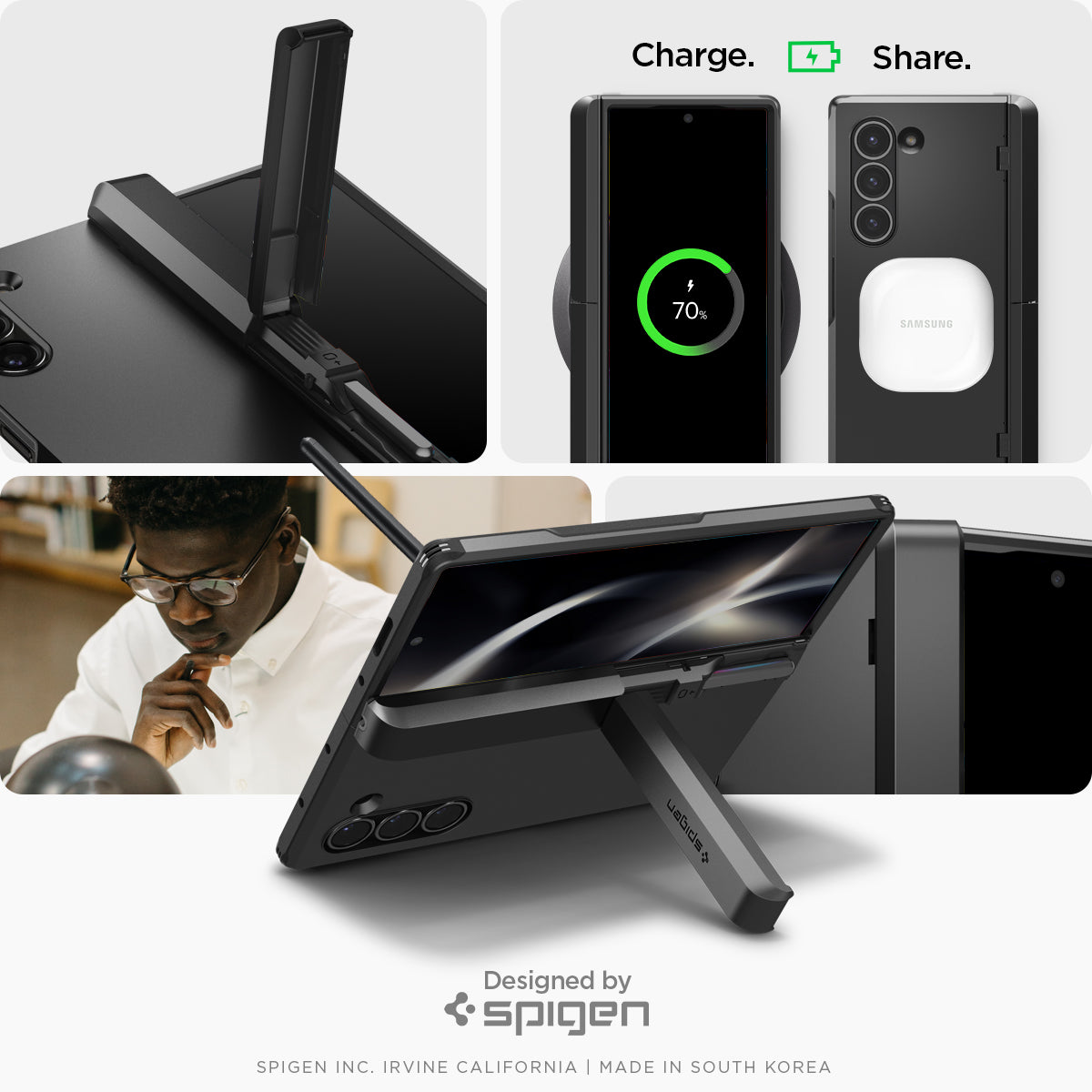 ACS07826 - Galaxy Z Fold 6 Case Tough Armor Pro P in Black showing the different angles and charging options