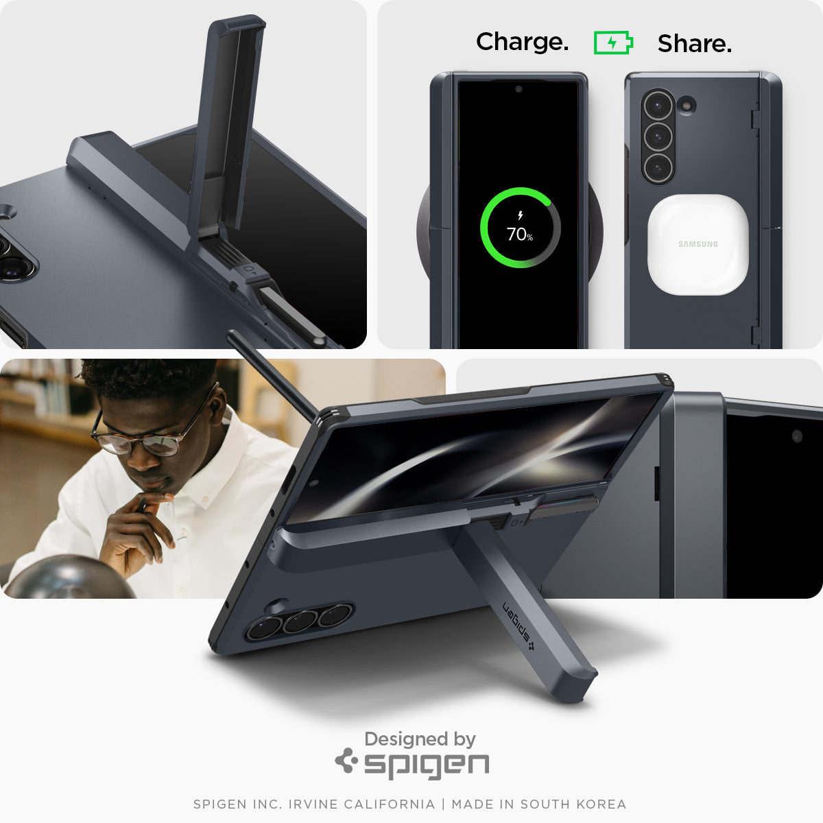 ACS08287 - Galaxy Z Fold 6 Case Tough Armor Pro P in Metal Slate showing the different angles and charging options