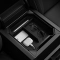 ACP07809 - Tesla Cybertruck Center Console Organizer Tray CO220T in Black showing the top, exposing the inner with multiple stuffs stored inside installed to a center console