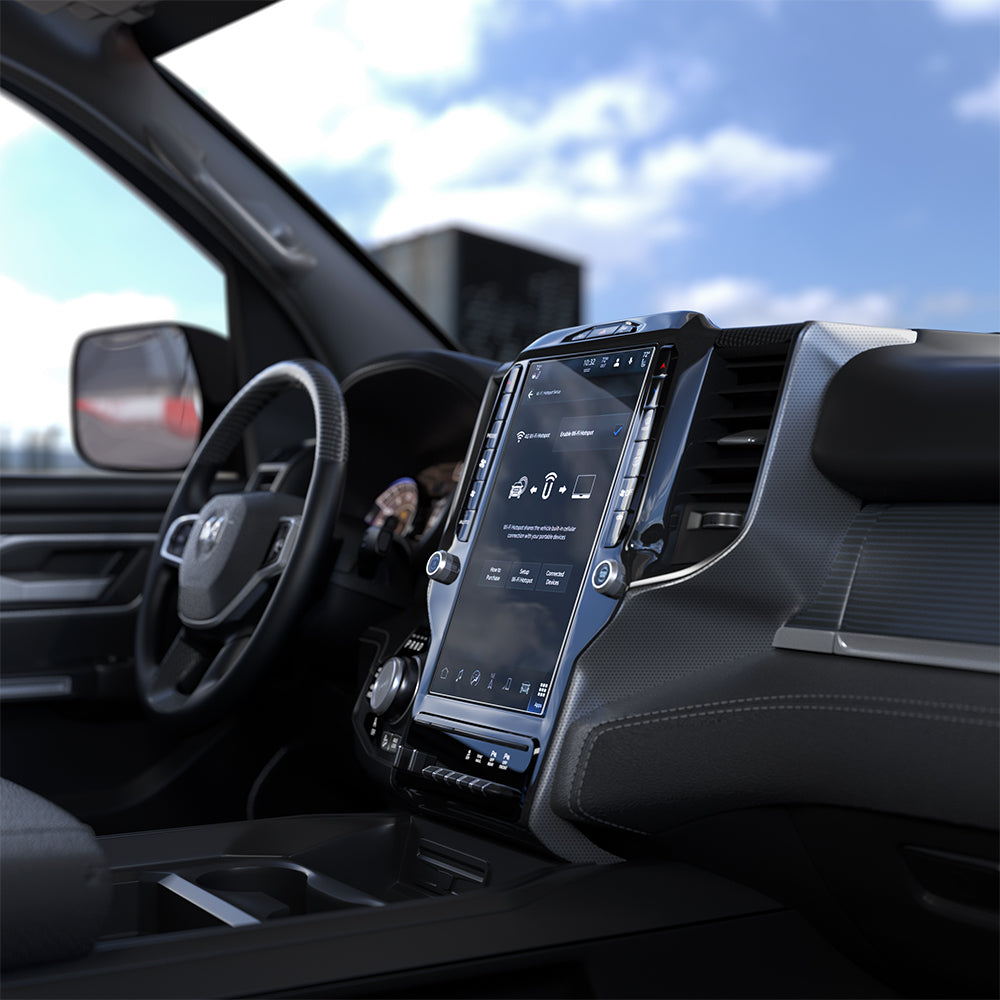 AGL04047 - Dodge Ram Screen Protector GLAS.tR SLIM Anti-Glare showing screen protector installed on Ram truck 12 inch infotainment display from driver side interior angle