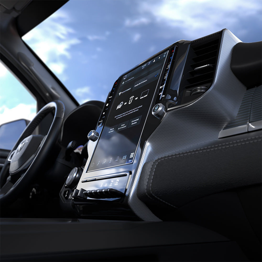 AGL04047 - Dodge Ram Screen Protector GLAS.tR SLIM Anti-Glare showing Ram infotainment display with screen protector from low passenger side angle inside truck cabin