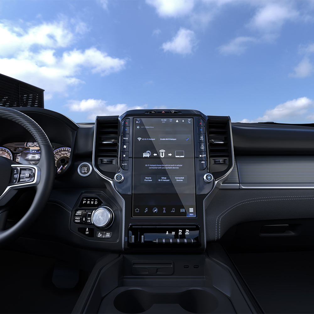 AGL04047 - Dodge Ram Screen Protector GLAS.tR SLIM Anti-Glare showing full Ram truck interior with screen protector on 12 inch center display from front facing view