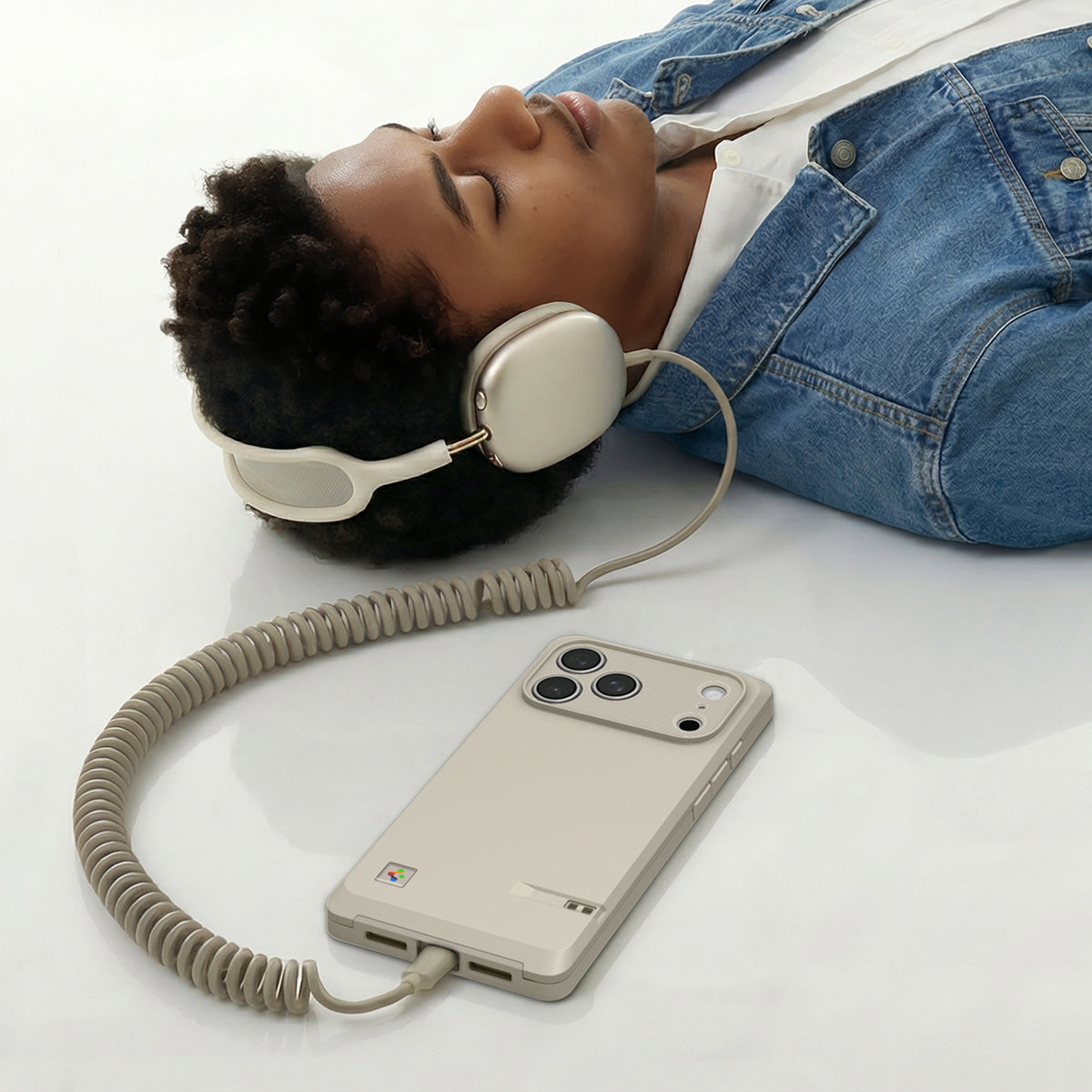 ACS10479 - iPhone 17 Pro Classic LS MagFit case connected to wired headphones while user relaxes listening to music on white surface