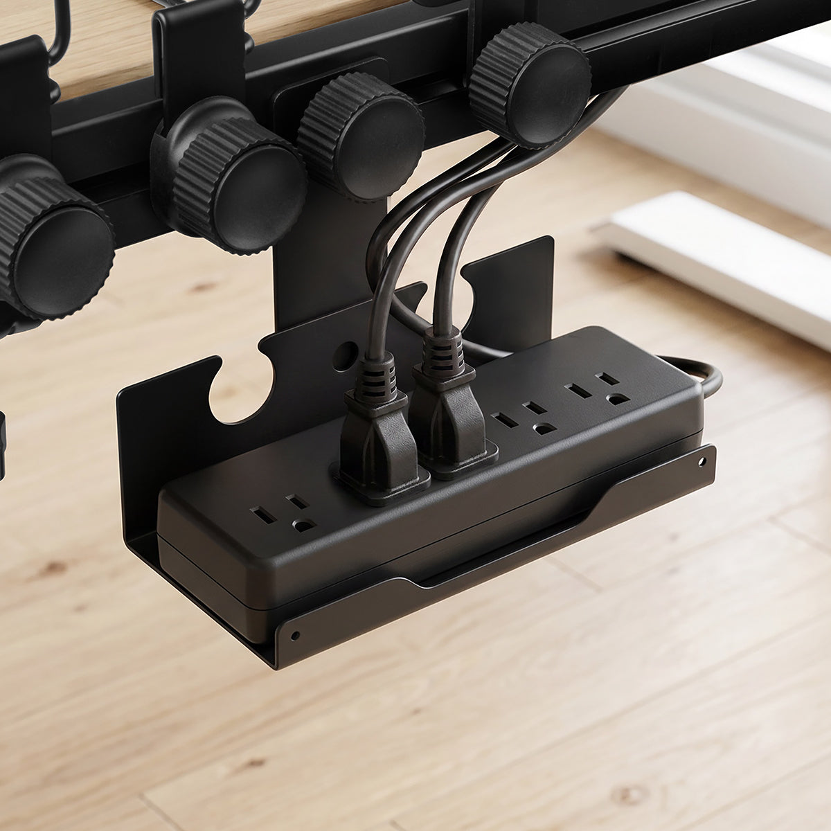 AHP11401 - Clamp Pegboard Side Organizer | LD406 showing a power strip holder mounted beneath the desk for organized cable and power management