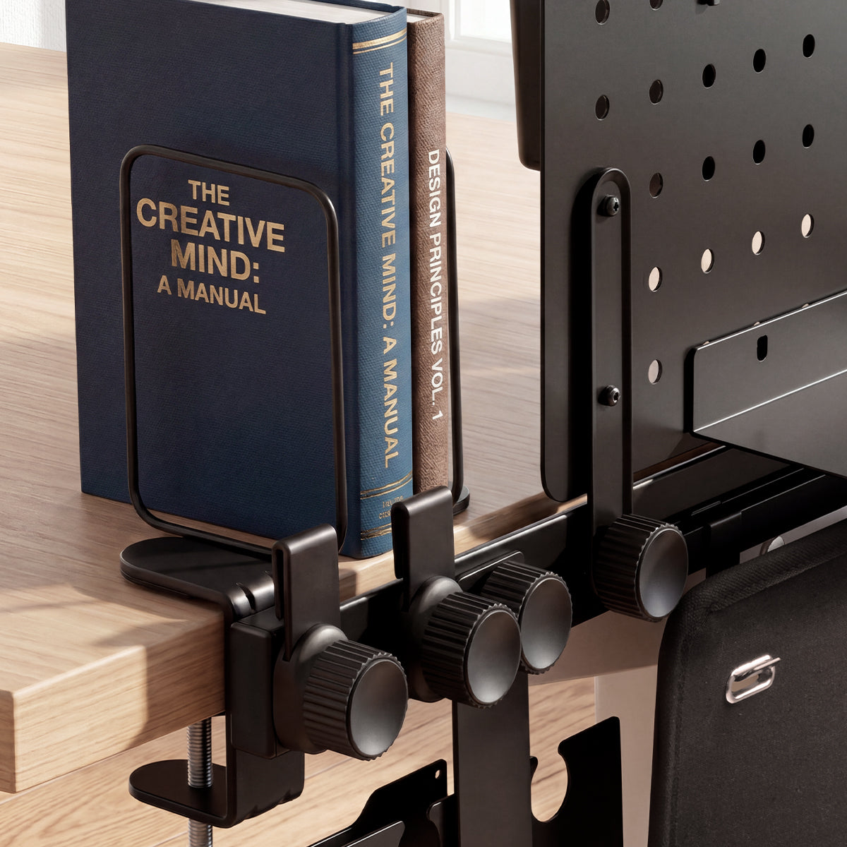 AHP11401 - Clamp Pegboard Side Organizer | LD406 showing adjustable desk clamps and rail attachments securing the organizer to the desktop